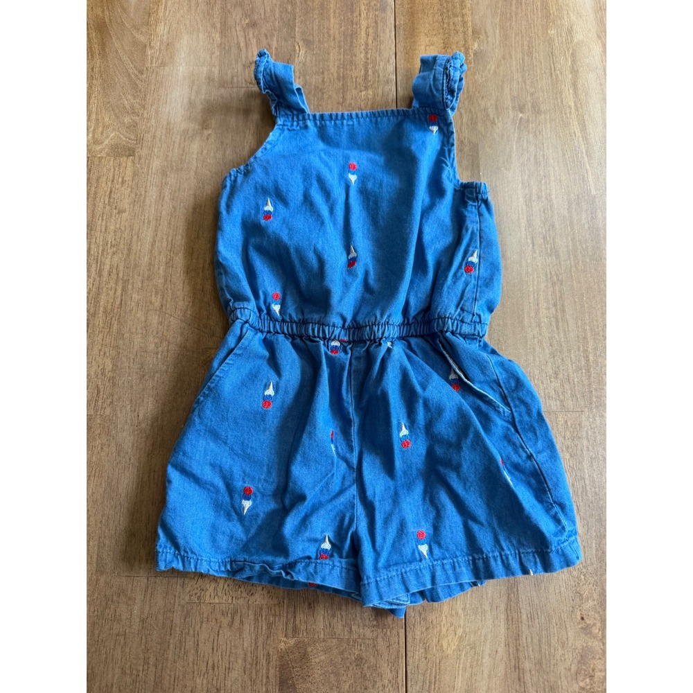 Cat & Jack Baby Girls Blue Chambray Ice Cream Embroidered Romper 18M